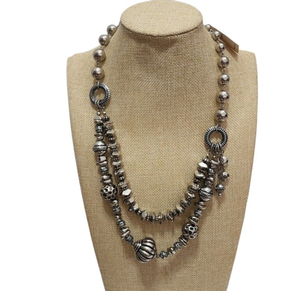Aris by Treska Silver Tone Double Strand Multi‎ Textured Bead Statement Necklace
